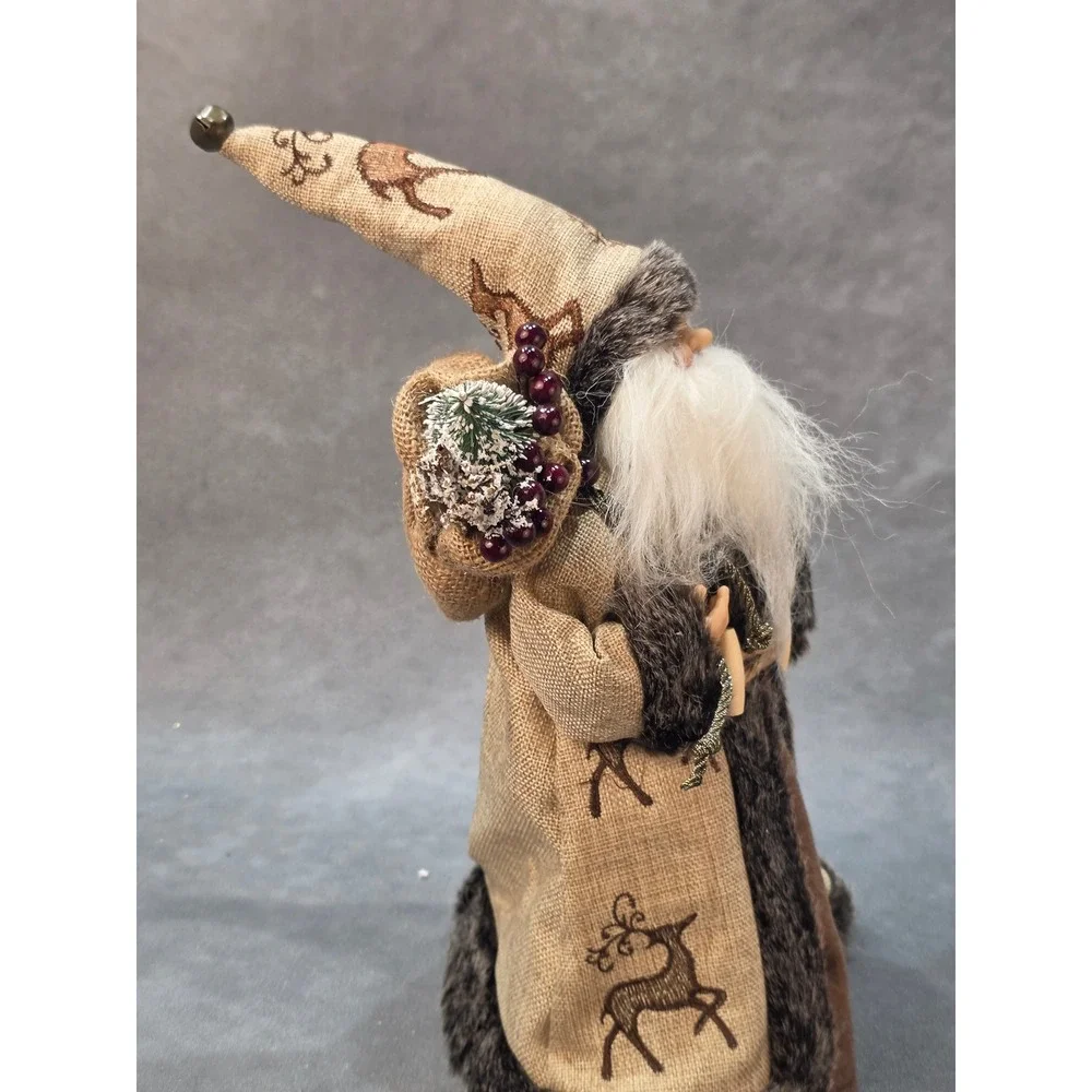Rustic Santa Claus Christmas Tree Topper Burlap Faux Fur Woodland Reindeer 12in